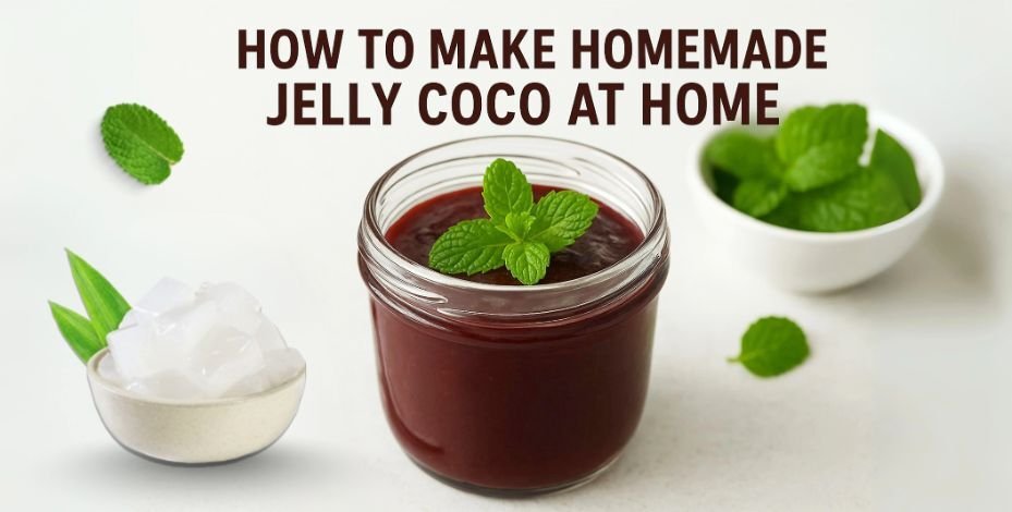 Homemade coconut jelly in a glass jar with mint garnish, served with nata de coco cubes and fresh mint leaves.